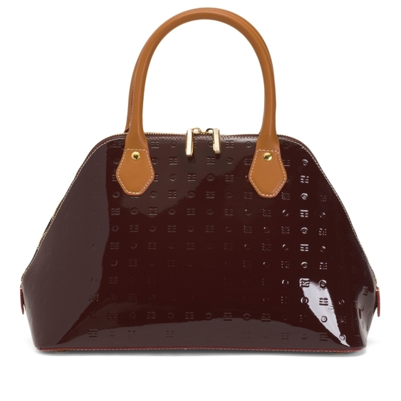 🔹️Arcadia 🔹️wine  Patent Leather Top Zip Satchel With Contrast Handles - Picture 1 of 4